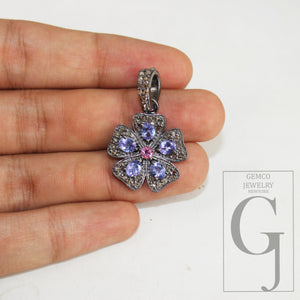 Antique Look Tanzanite Flower Pendant Designer Rosecut Pave Diamond Pendant 925 Sterling Silver Handmade Finish Diamond Necklace Pendant