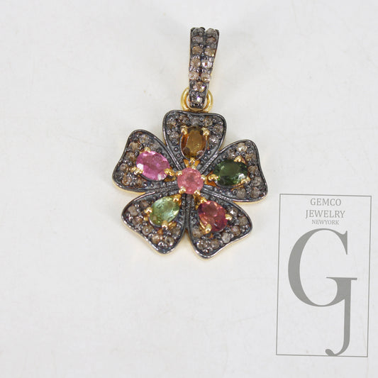 14k Gold Muti Tourmaline Flower Pendant Designer Rosecut Pave Diamond Pendant 925 Sterling Silver Handmade Finish Diamond Necklace Pendant