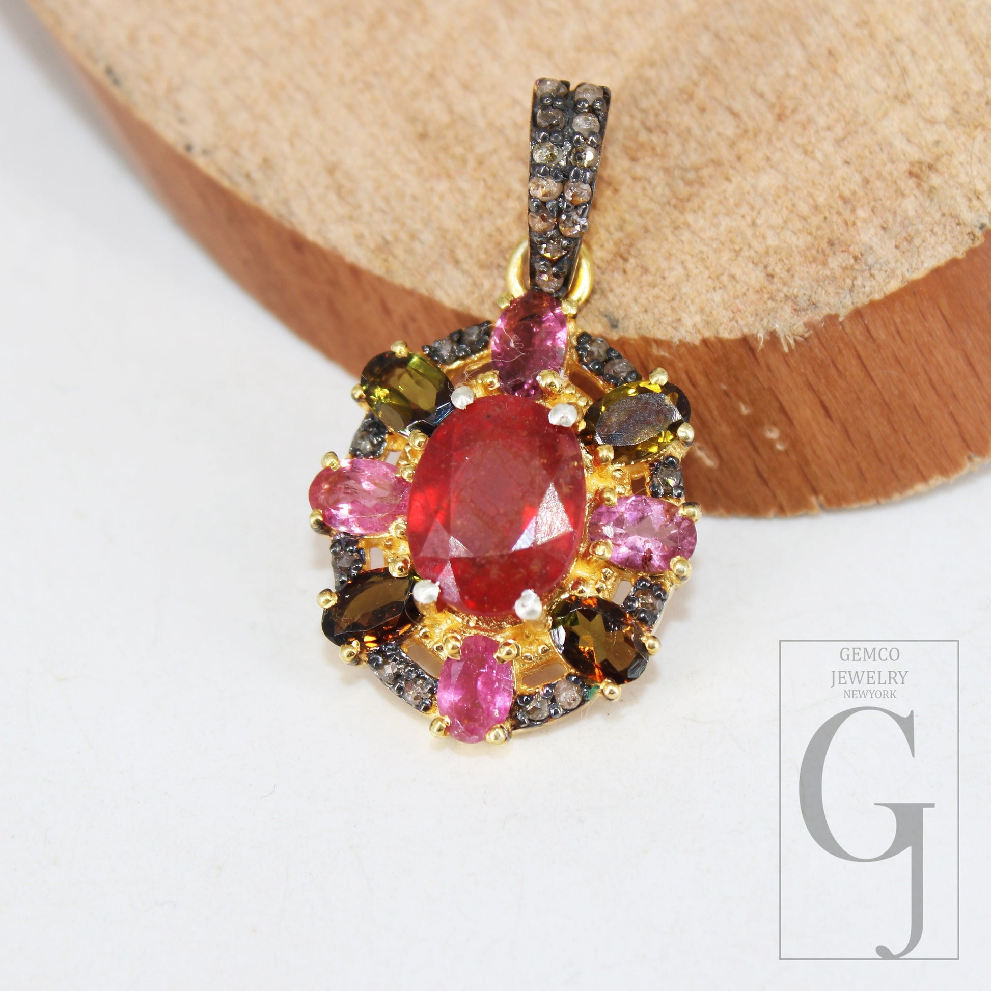 14k Finish Multi Tourmaline Ruby Pendant Designer Rosecut Pave Diamond Pendant Sterling 925 Silver Handmade Finish Diamond Necklace Pendant