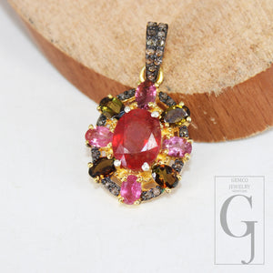 14k Finish Multi Tourmaline Ruby Pendant Designer Rosecut Pave Diamond Pendant Sterling 925 Silver Handmade Finish Diamond Necklace Pendant