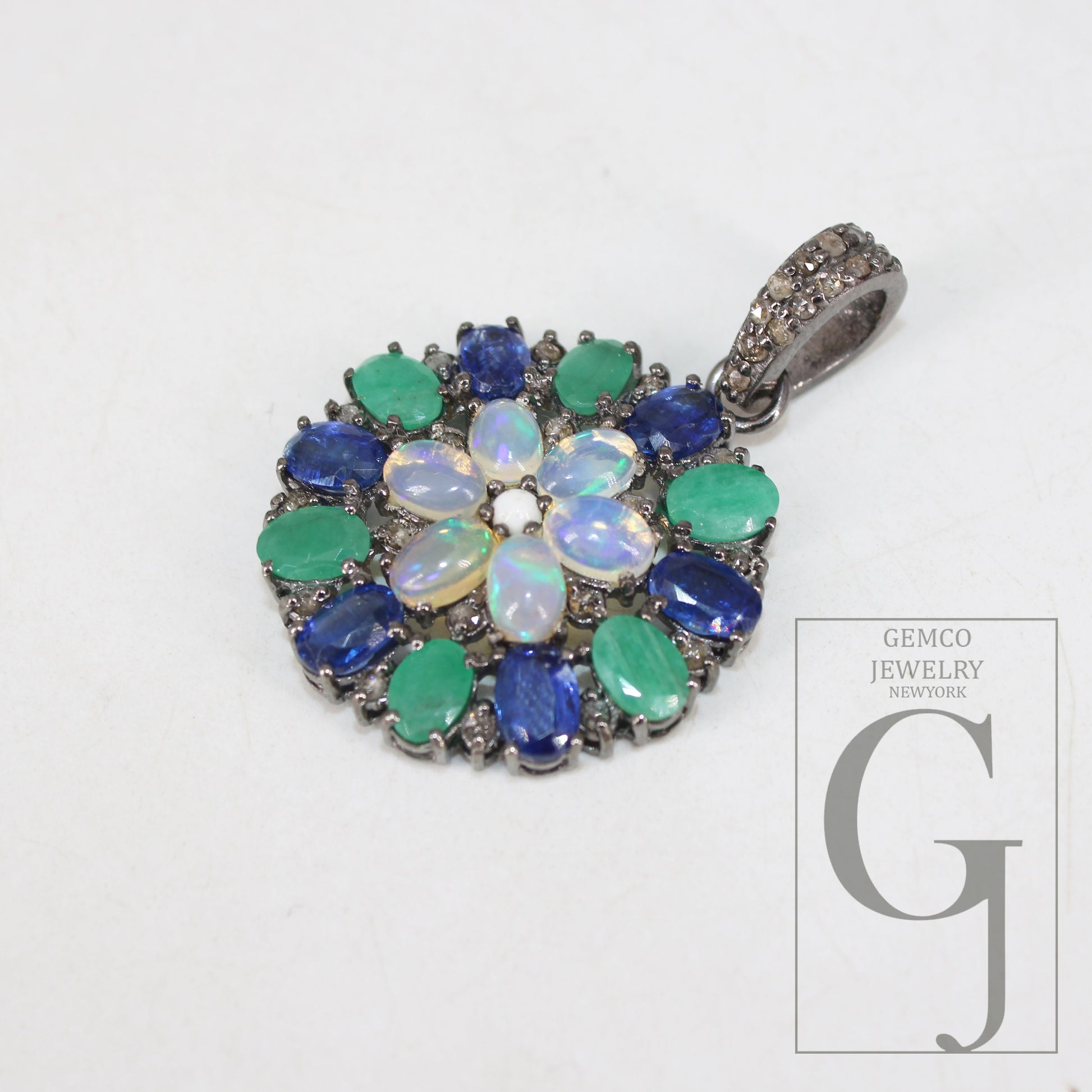 Flower Opal Emerald Kyanite Pendant Designer Rosecut Pave Diamond Pendant 925 Sterling Silver Handmade Finish Diamond Charm Necklace Pendant