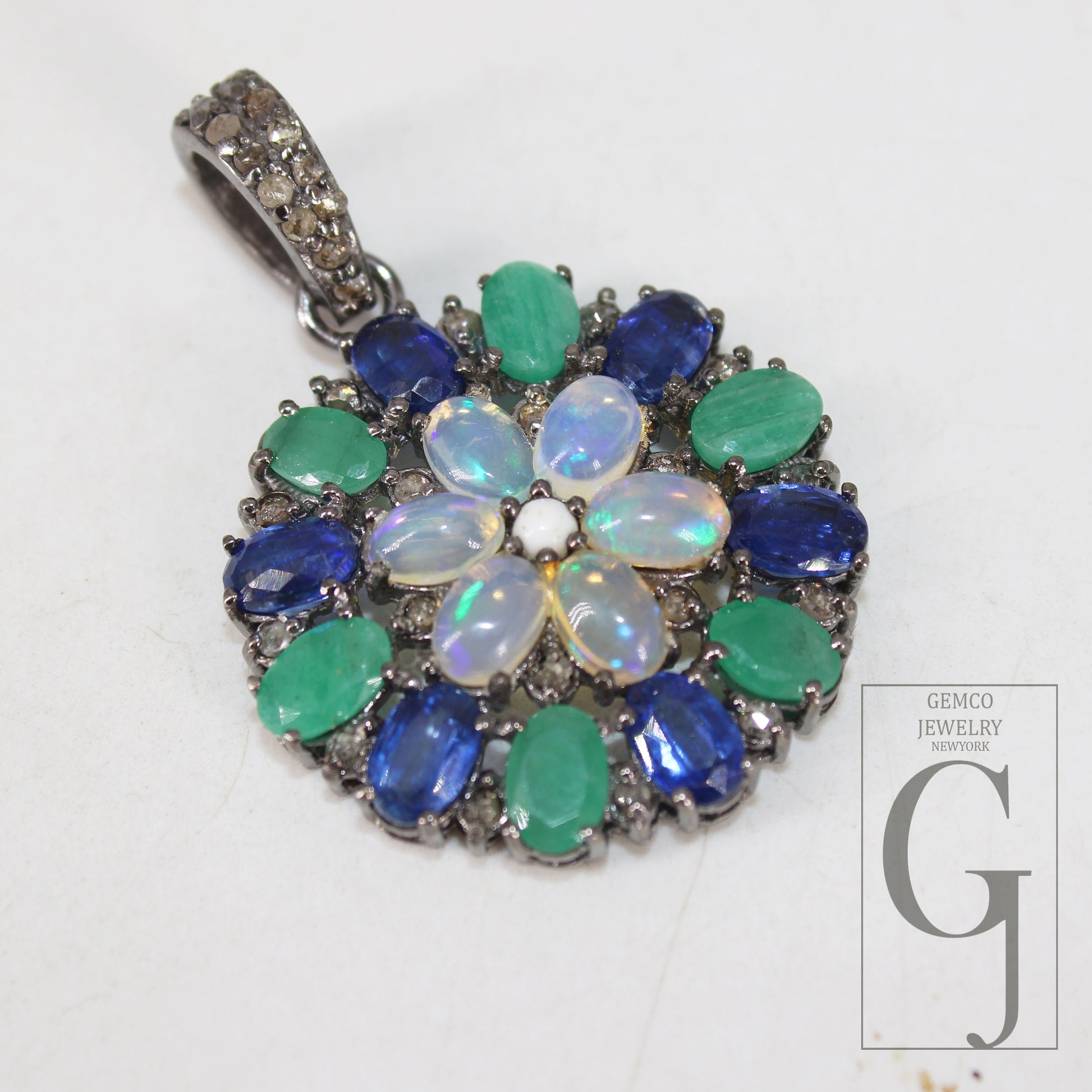 Flower Opal Emerald Kyanite Pendant Designer Rosecut Pave Diamond Pendant 925 Sterling Silver Handmade Finish Diamond Charm Necklace Pendant