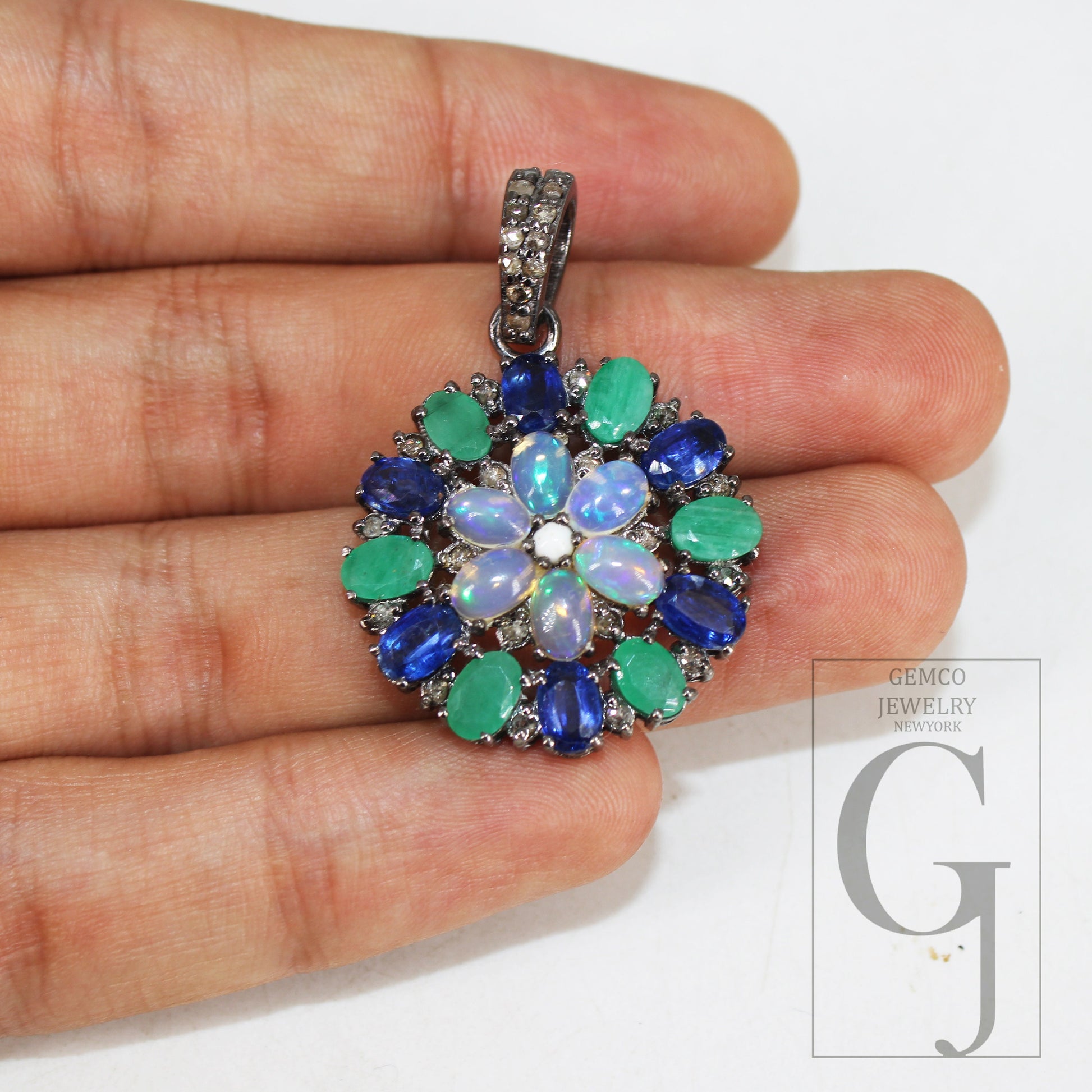 Flower Opal Emerald Kyanite Pendant Designer Rosecut Pave Diamond Pendant 925 Sterling Silver Handmade Finish Diamond Charm Necklace Pendant