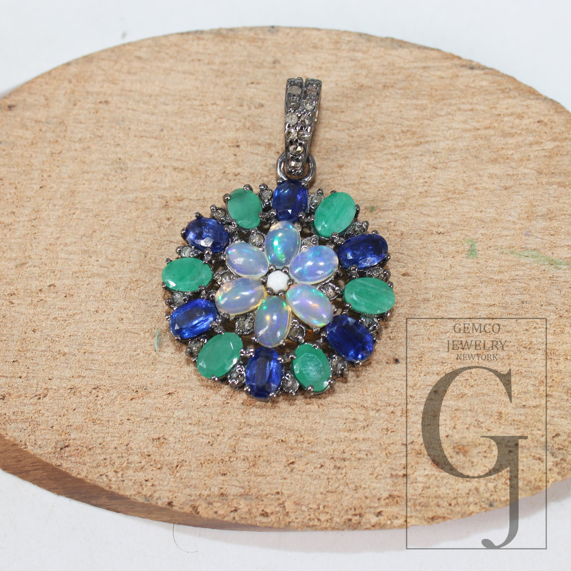Flower Opal Emerald Kyanite Pendant Designer Rosecut Pave Diamond Pendant 925 Sterling Silver Handmade Finish Diamond Charm Necklace Pendant