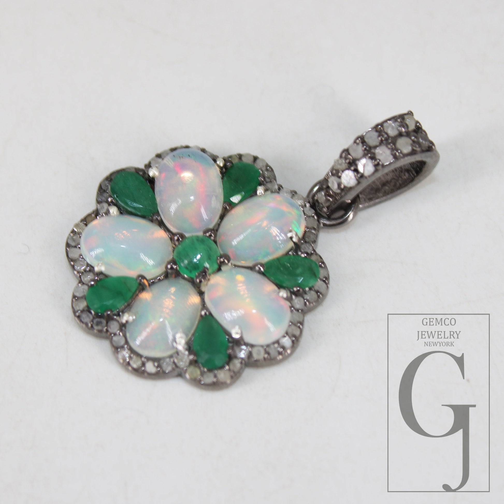 Emerald Opal designer flower pendant  Rosecut pave diamond pendant 925 sterling silver handmade finish diamond charms necklace pendant