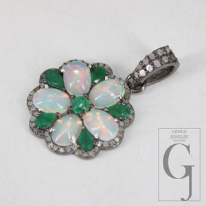 Emerald Opal designer flower pendant  Rosecut pave diamond pendant 925 sterling silver handmade finish diamond charms necklace pendant