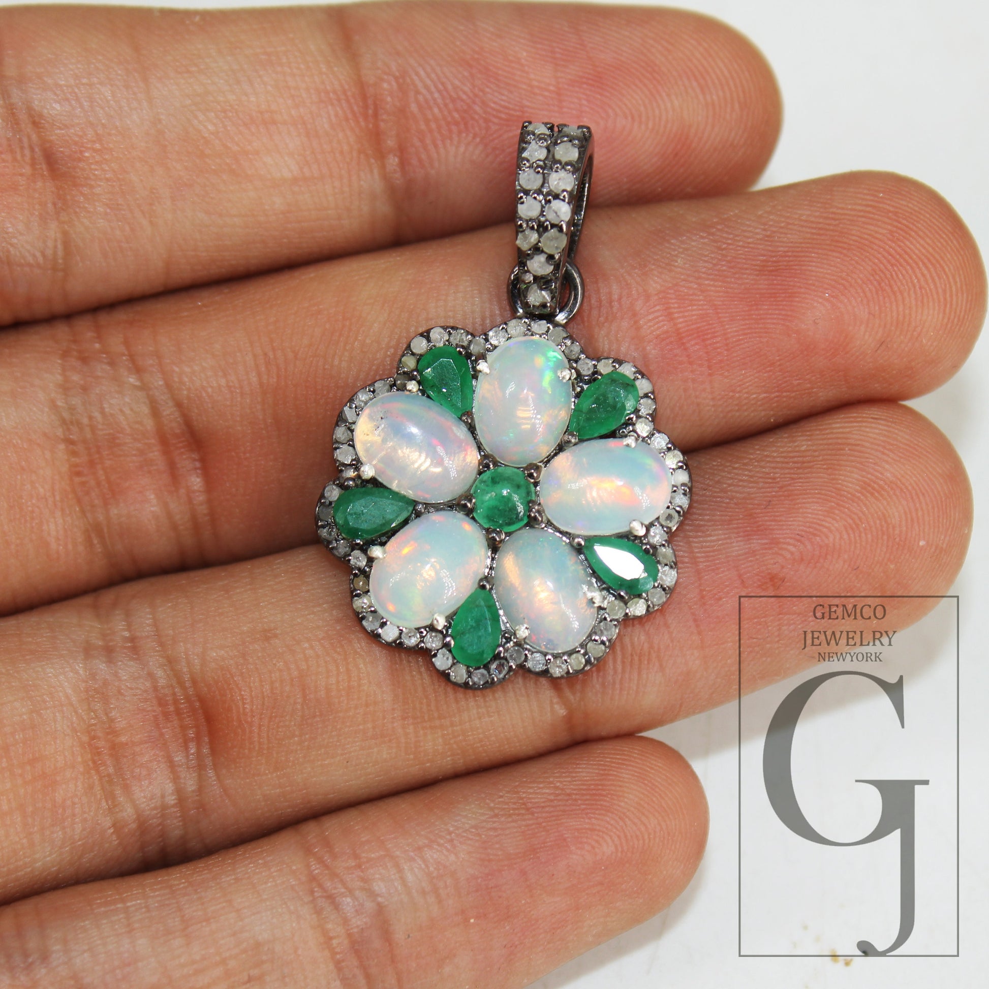 Emerald Opal designer flower pendant  Rosecut pave diamond pendant 925 sterling silver handmade finish diamond charms necklace pendant