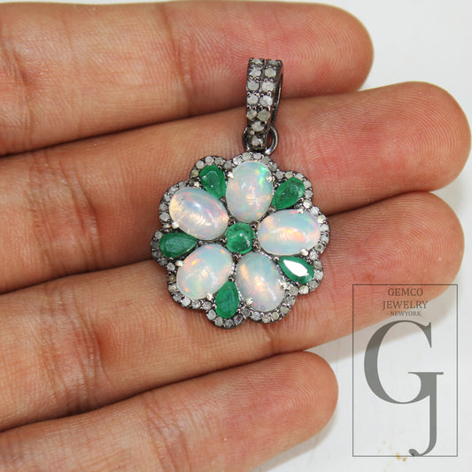 Emerald Opal designer flower pendant  Rosecut pave diamond pendant 925 sterling silver handmade finish diamond charms necklace pendant