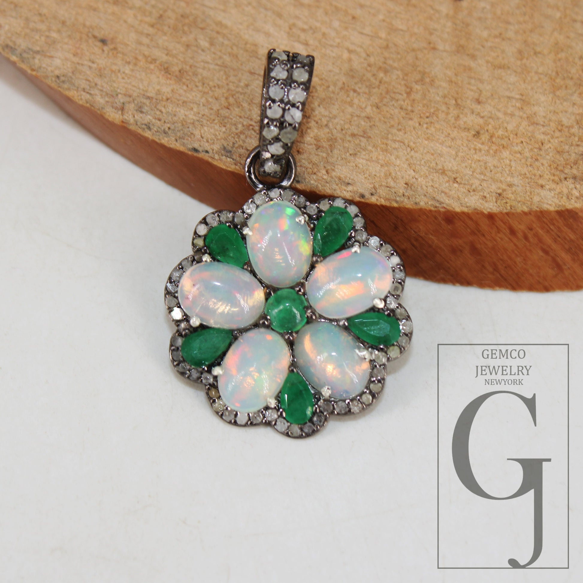 Emerald Opal designer flower pendant  Rosecut pave diamond pendant 925 sterling silver handmade finish diamond charms necklace pendant