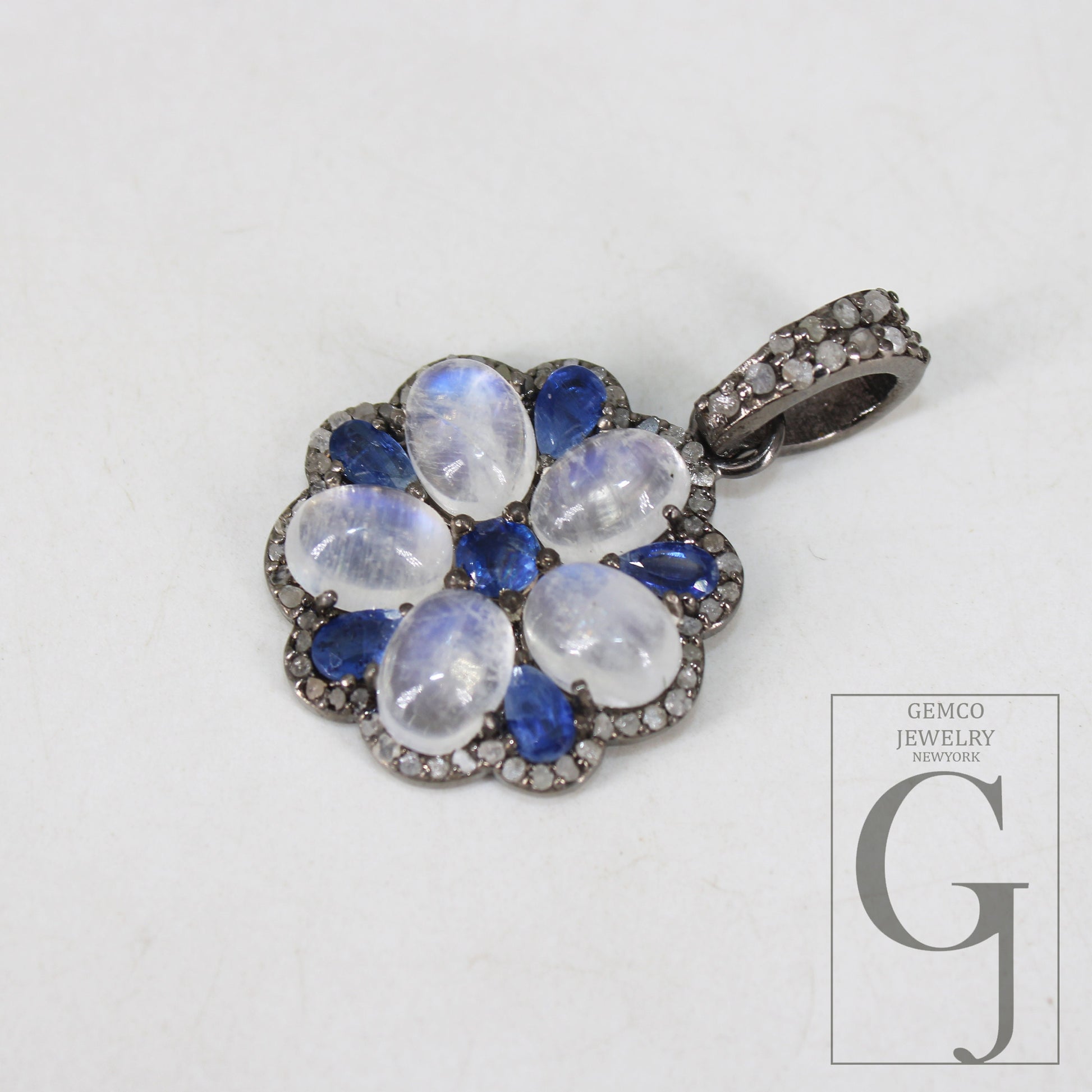 Beautiful Rainbow Moonstone Kyanite Flower Pendant Rosecut Pave Diamond Pendant 925 Sterling Silver Handmade Finish Diamond Charms Necklace