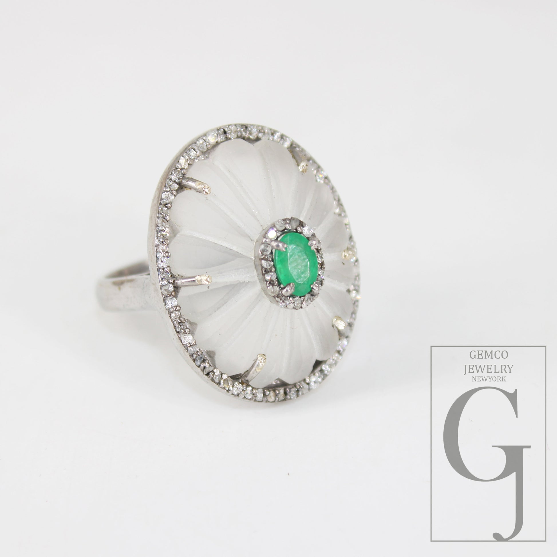 Beautiful Crystal Ring Green Emerald Ring Designer Rosecut Pave Diamond Rings 925 Sterling Silver Handmade Silver Finish Diamond Rings