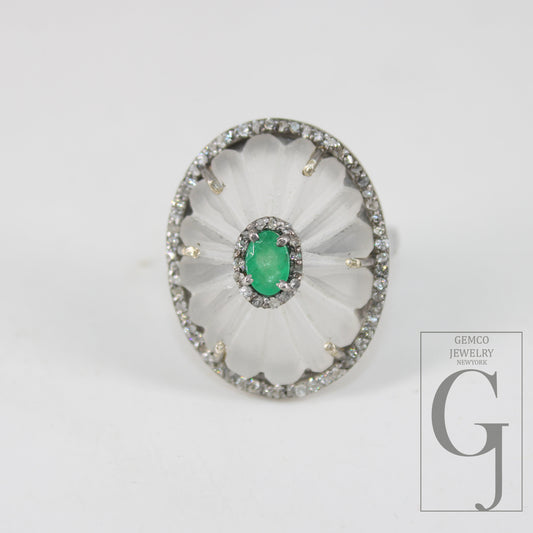 Beautiful Crystal Ring Green Emerald Ring Designer Rosecut Pave Diamond Rings 925 Sterling Silver Handmade Silver Finish Diamond Rings