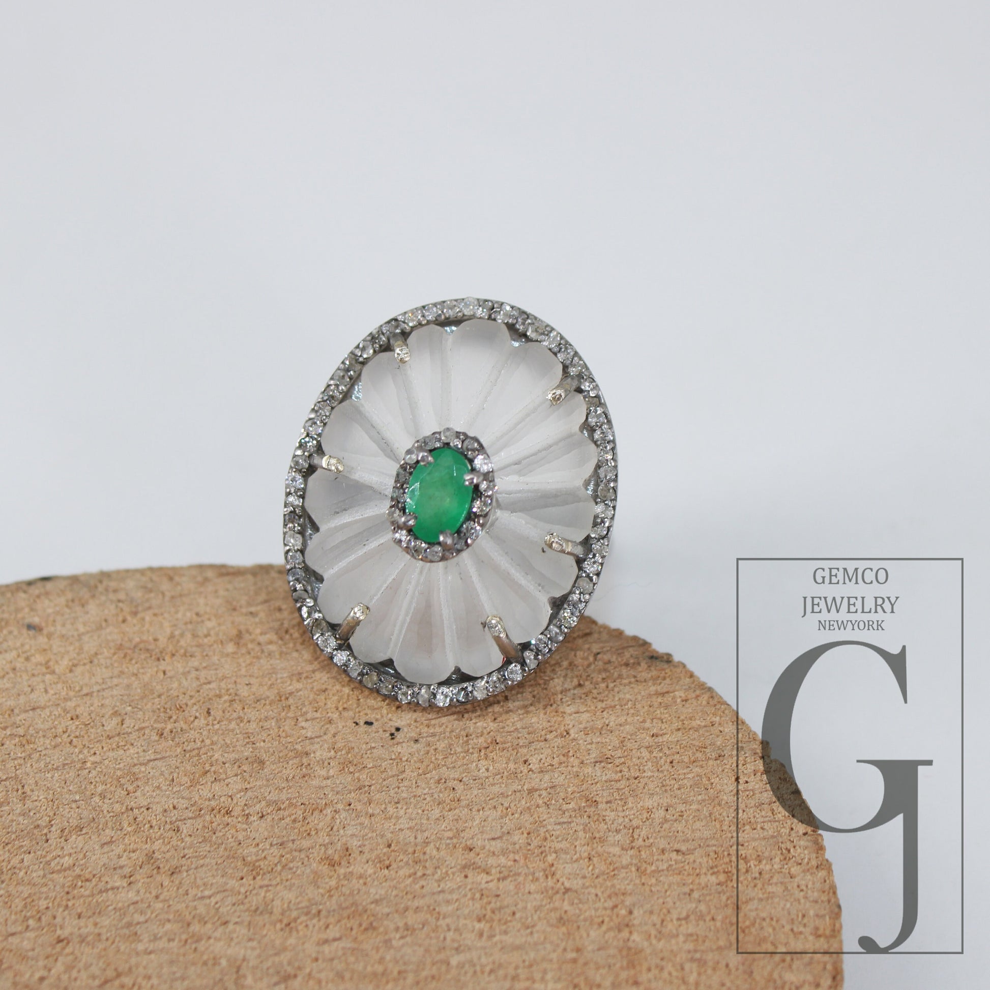 Beautiful Crystal Ring Green Emerald Ring Designer Rosecut Pave Diamond Rings 925 Sterling Silver Handmade Silver Finish Diamond Rings