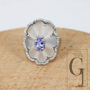 Beautiful crystal ring tanzanite ring designer Rosecut pave diamond rings 925 sterling silver handmade silver finish diamond rings