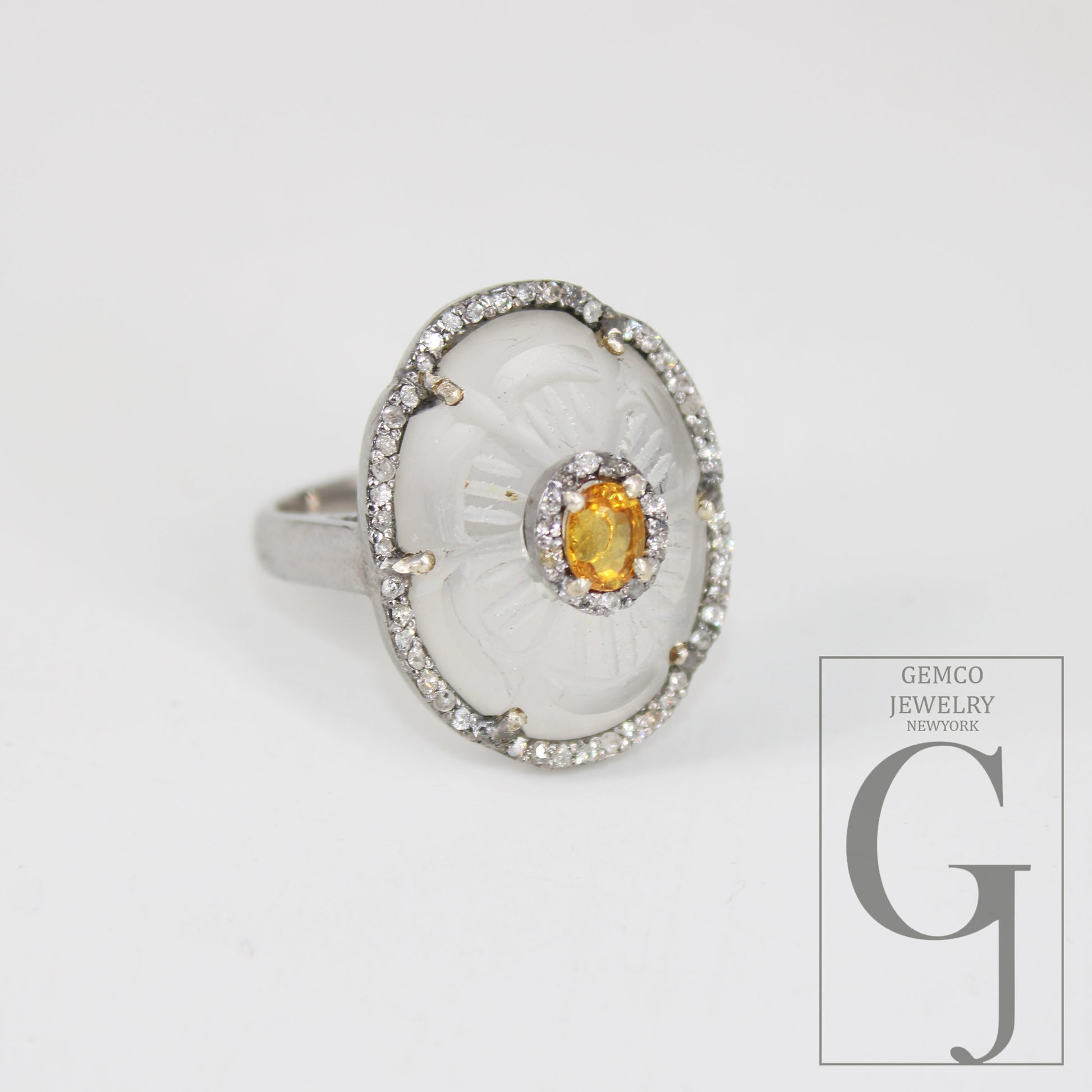 Beautiful Crystal Ring Yellow Sapphire Ring Designer Rosecut Pave Diamond Rings 925 Sterling Silver Handmade Silver Finish Diamond Rings