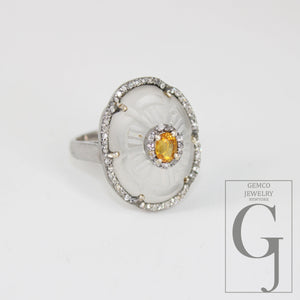 Beautiful Crystal Ring Yellow Sapphire Ring Designer Rosecut Pave Diamond Rings 925 Sterling Silver Handmade Silver Finish Diamond Rings