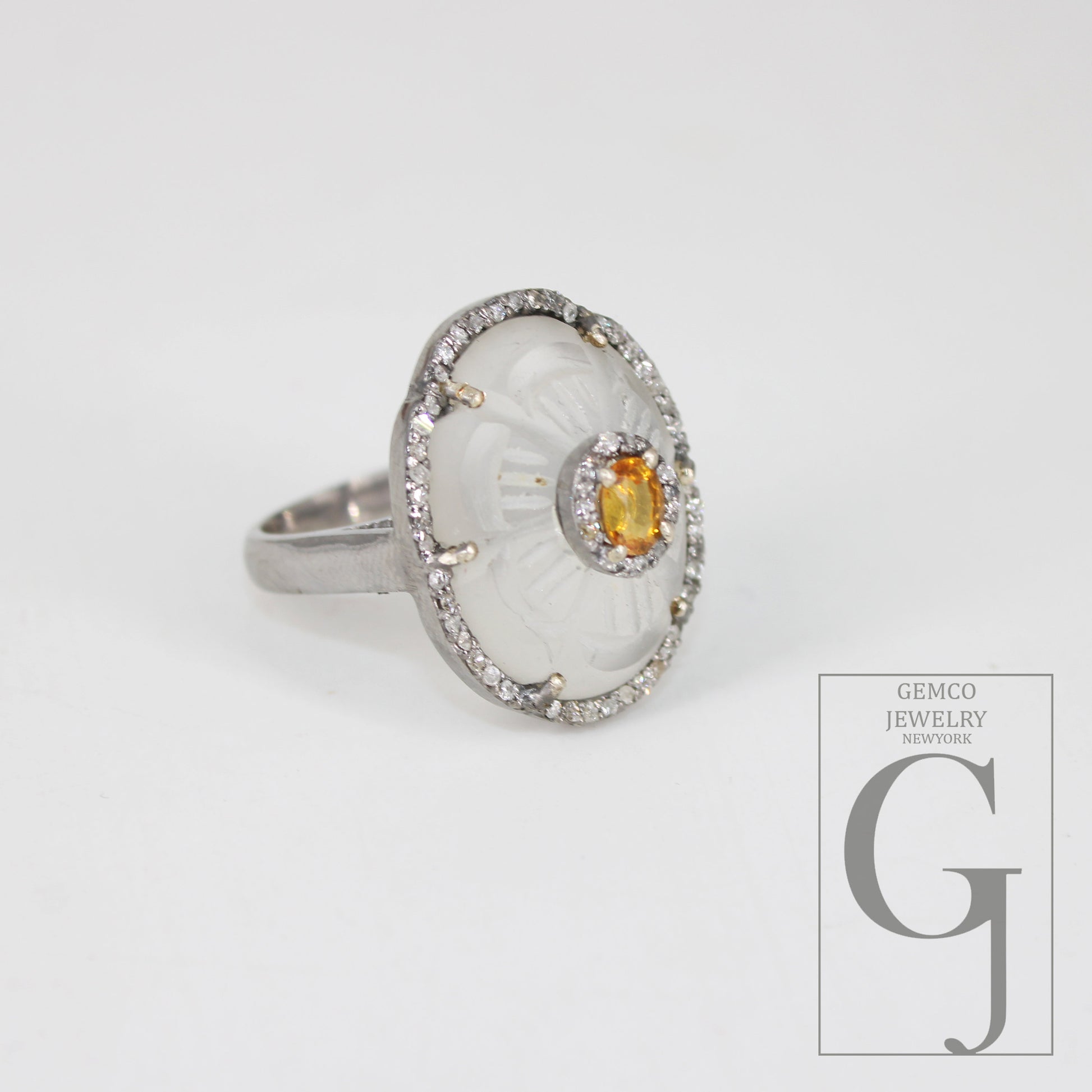 Beautiful Crystal Ring Yellow Sapphire Ring Designer Rosecut Pave Diamond Rings 925 Sterling Silver Handmade Silver Finish Diamond Rings