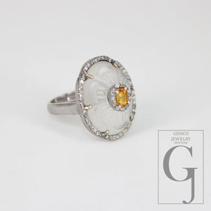 Beautiful Crystal Ring Yellow Sapphire Ring Designer Rosecut Pave Diamond Rings 925 Sterling Silver Handmade Silver Finish Diamond Rings