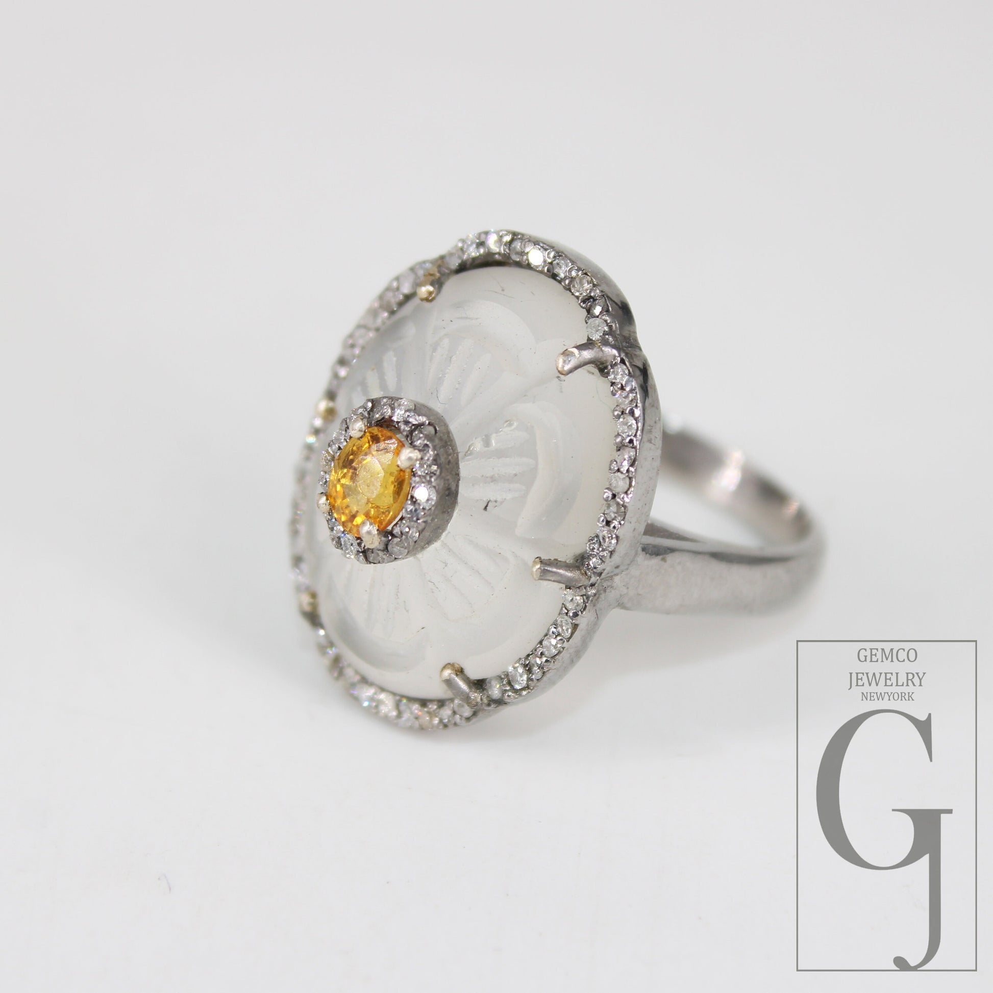 Beautiful Crystal Ring Yellow Sapphire Ring Designer Rosecut Pave Diamond Rings 925 Sterling Silver Handmade Silver Finish Diamond Rings