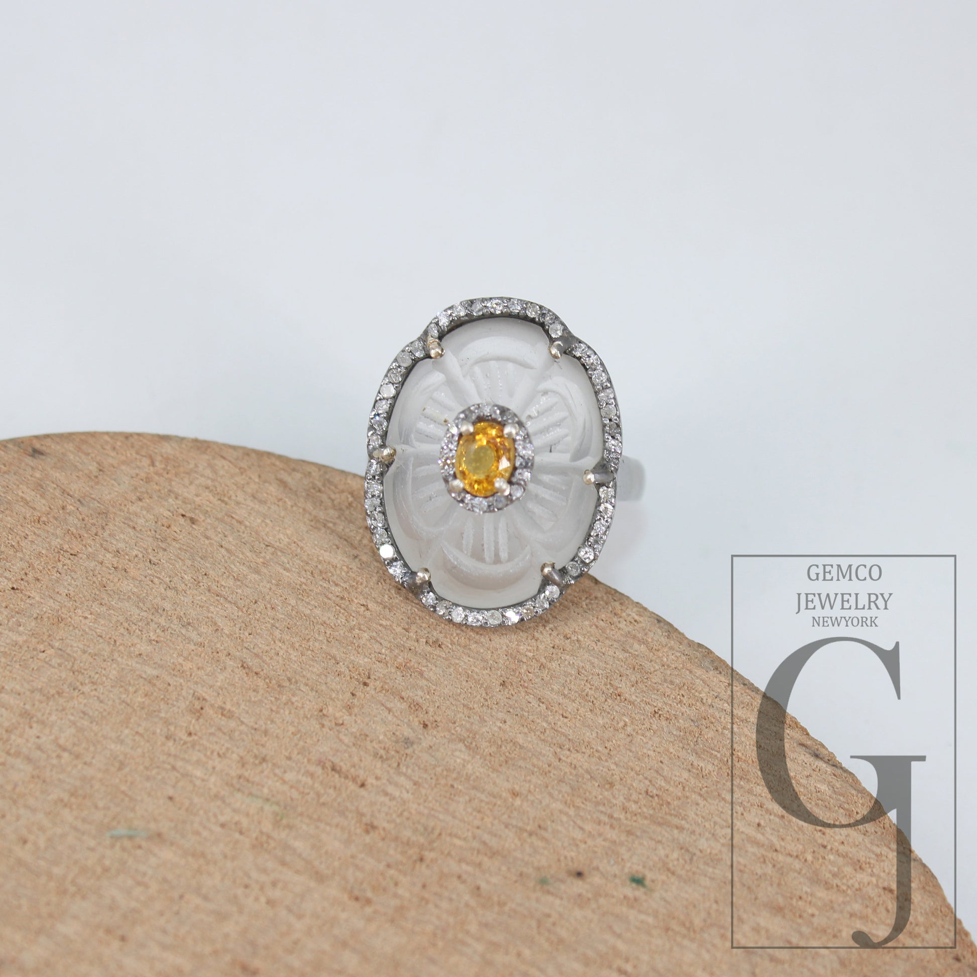 Beautiful Crystal Ring Yellow Sapphire Ring Designer Rosecut Pave Diamond Rings 925 Sterling Silver Handmade Silver Finish Diamond Rings