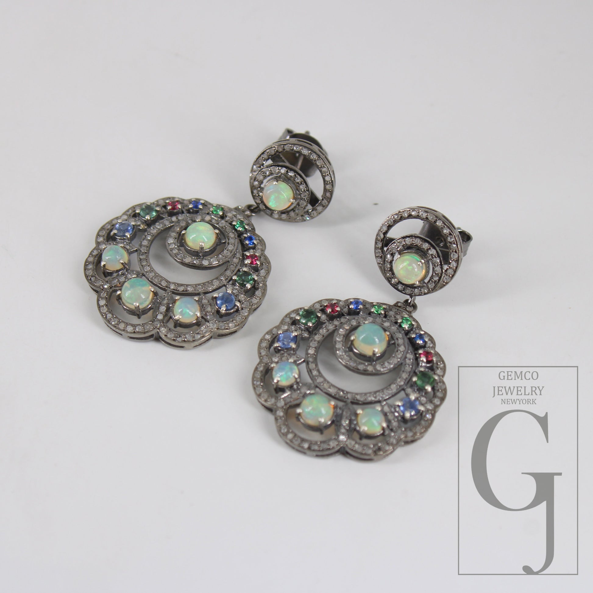 Ethopian Opal Designer Vintage Look Earring Rosecut Pave Diamonds Natural Stone Opal And Mix Stone Designer Antique Sterling Silver Earrings