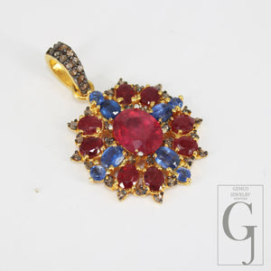 14k Gold Finish Ruby Kyanite Pendant Designer Rosecut Pave Diamond Pendant 925 Sterling Silver Handmade Finish Diamond Necklace Pendant