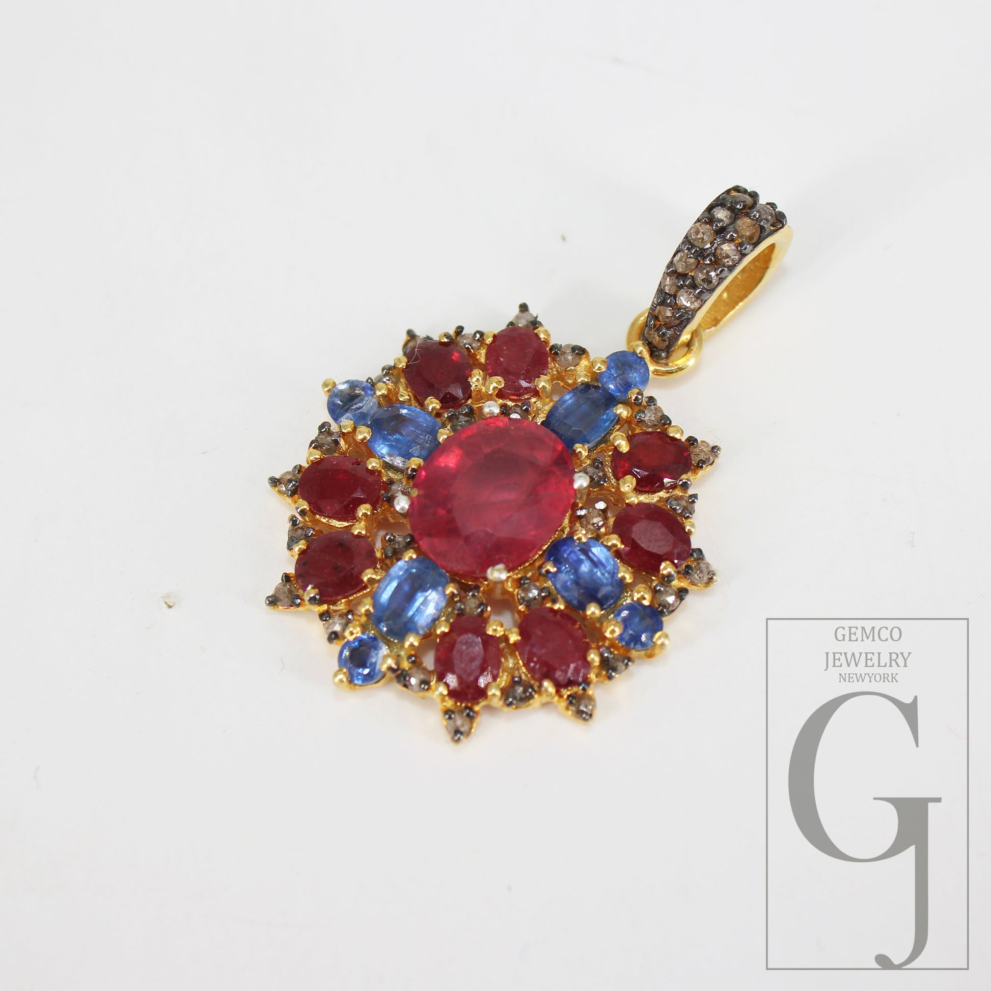14k Gold Finish Ruby Kyanite Pendant Designer Rosecut Pave Diamond Pendant 925 Sterling Silver Handmade Finish Diamond Necklace Pendant