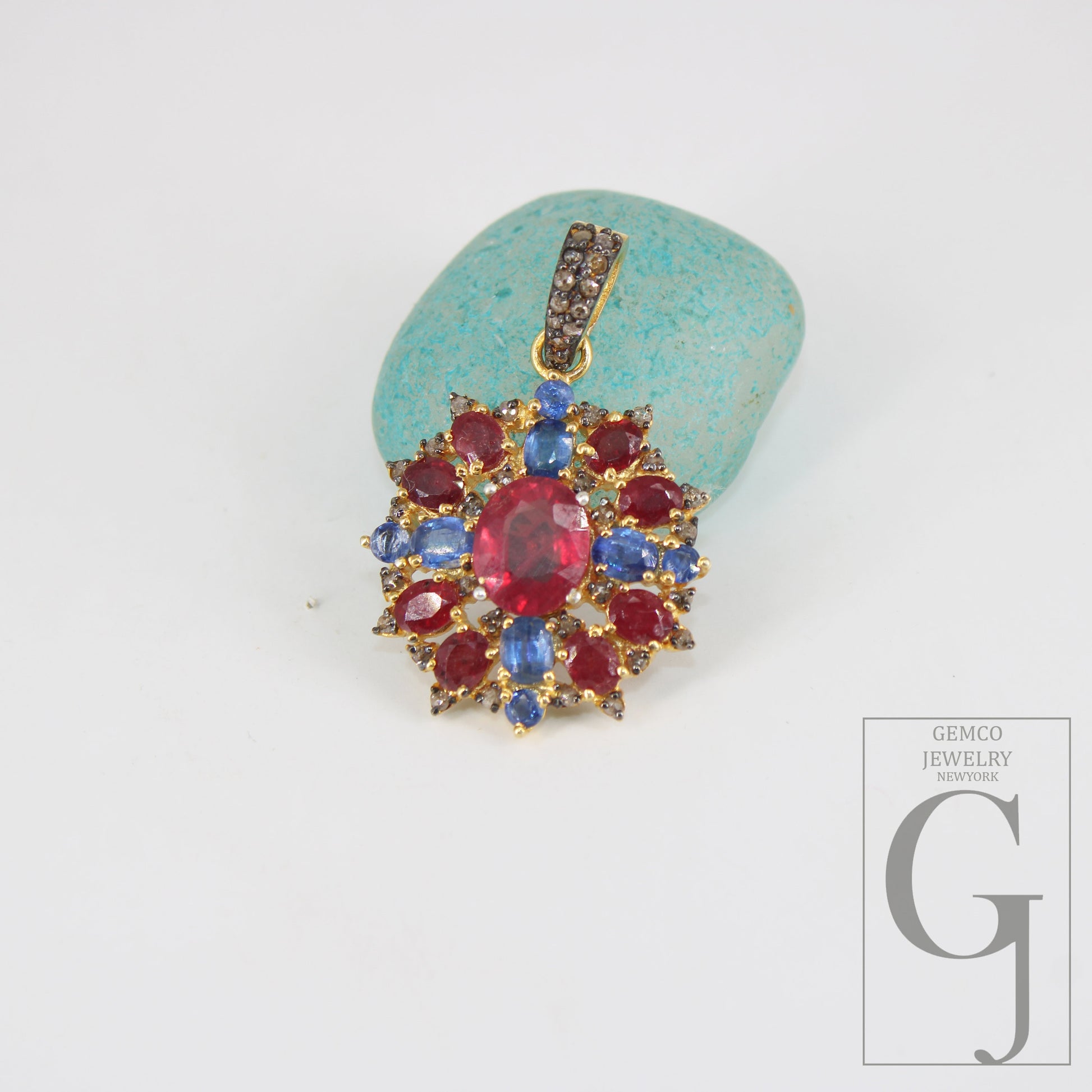 14k Gold Finish Ruby Kyanite Pendant Designer Rosecut Pave Diamond Pendant 925 Sterling Silver Handmade Finish Diamond Necklace Pendant