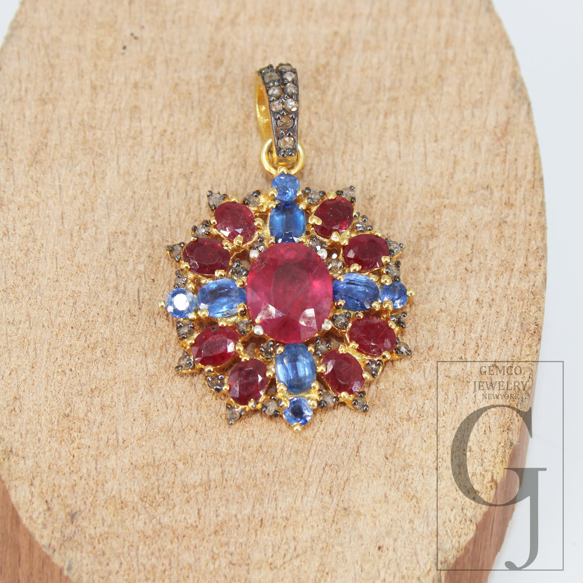 14k Gold Finish Ruby Kyanite Pendant Designer Rosecut Pave Diamond Pendant 925 Sterling Silver Handmade Finish Diamond Necklace Pendant