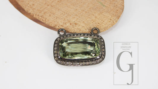 Green amethyst pendant designer Rosecut pave diamond pendant 925 sterling silver handmade finish diamond charm necklace pendant 18" necklace