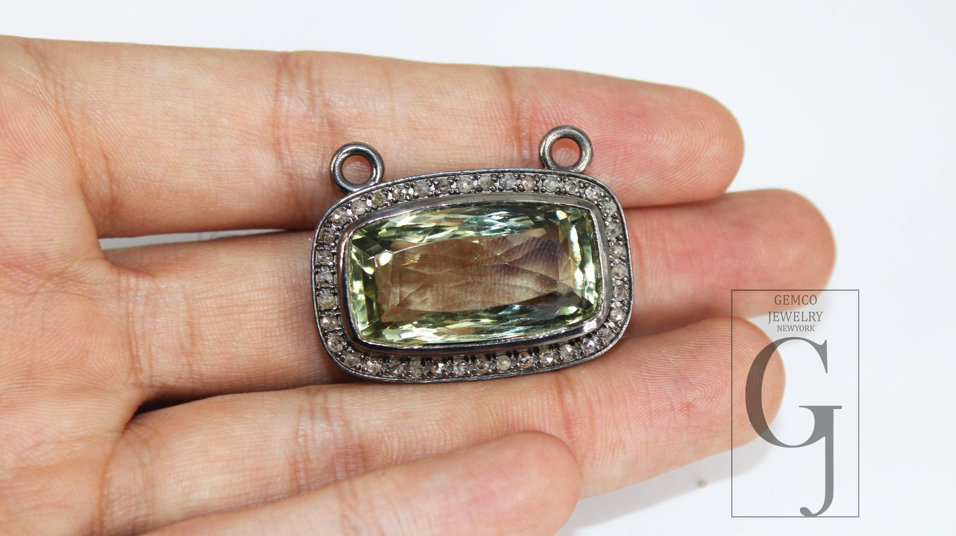 Green amethyst pendant designer Rosecut pave diamond pendant 925 sterling silver handmade finish diamond charm necklace pendant 18" necklace