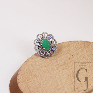 Oxidized Finish Look Tanzanite Emerald Ring Designer Rosecut Pave Diamond Rings 925 Sterling Silver Handmade Silver Finish Diamond Ring