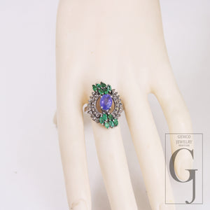 Very Beautiful Emerald And Tanzanite Ring Designer Rosecut Pave Diamond Rings 925 Sterling Silver Handmade Silver Finish Diamond Ring