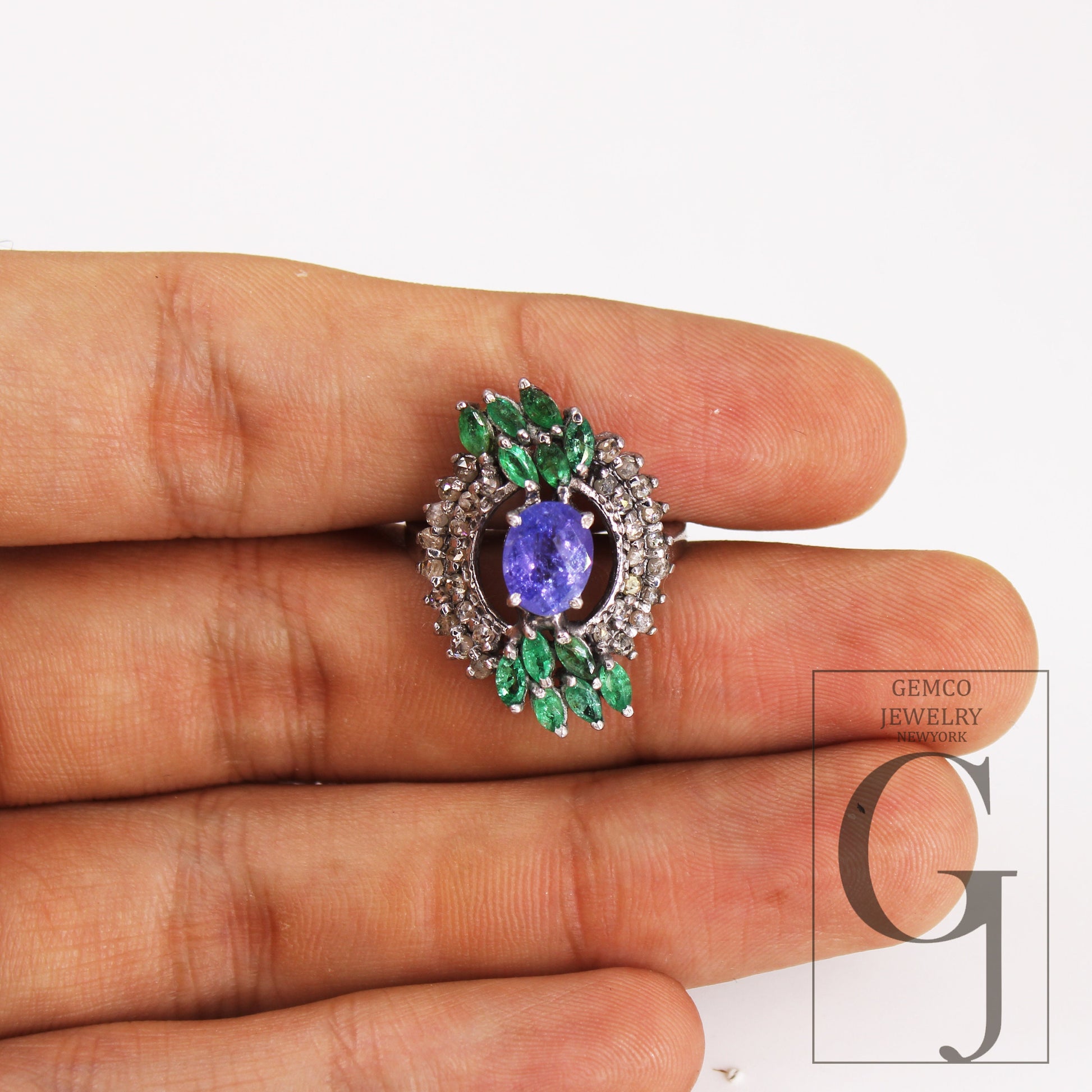 Very Beautiful Emerald And Tanzanite Ring Designer Rosecut Pave Diamond Rings 925 Sterling Silver Handmade Silver Finish Diamond Ring