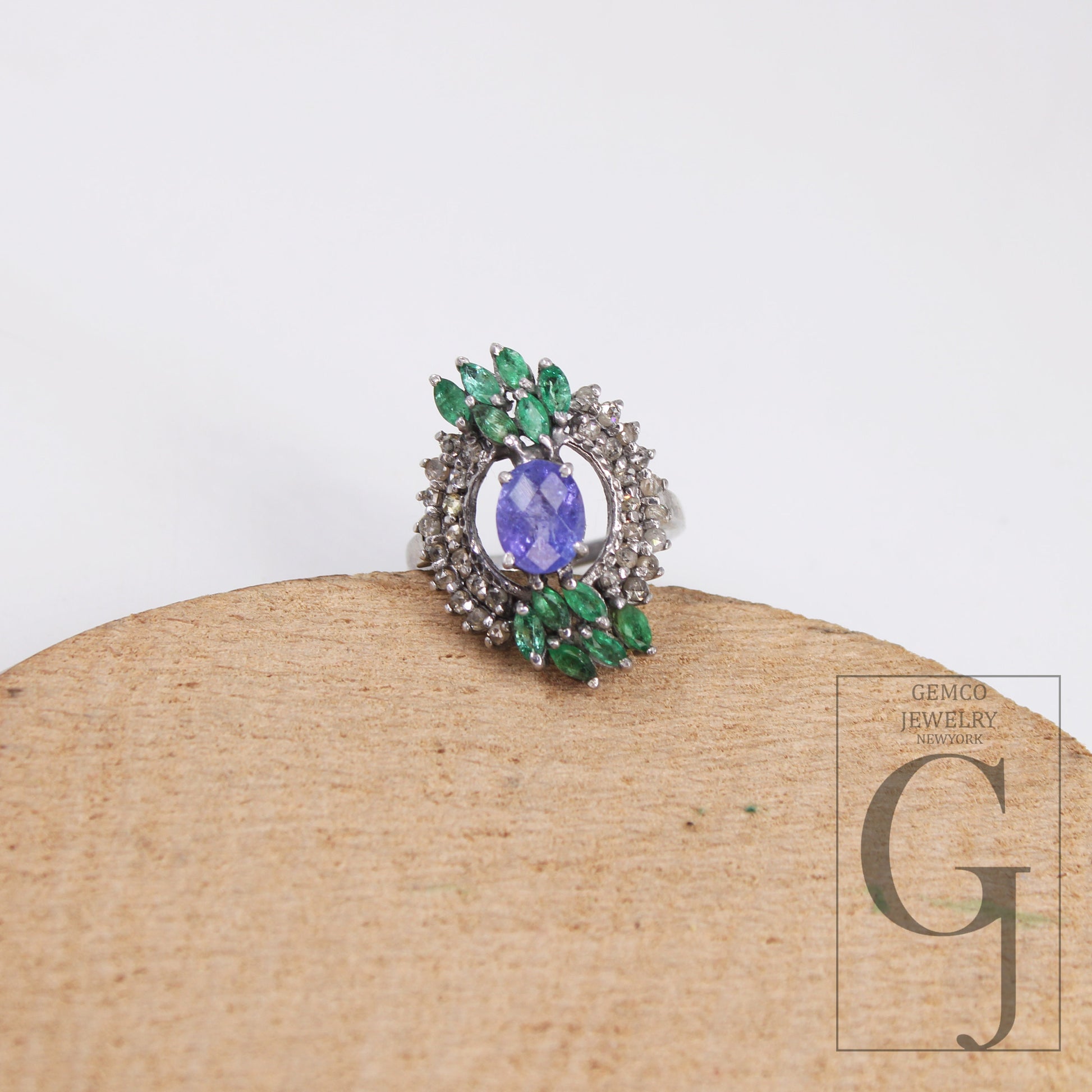 Very Beautiful Emerald And Tanzanite Ring Designer Rosecut Pave Diamond Rings 925 Sterling Silver Handmade Silver Finish Diamond Ring