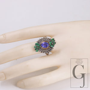 Very Beautiful Emerald And Tanzanite Ring Designer Rosecut Pave Diamond Rings 925 Sterling Silver Handmade Silver Finish Diamond Ring