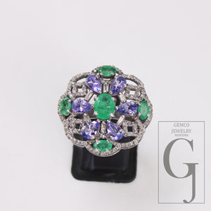 One Of a Kind Designer Emerald, Tanzanite Ring Designer Rosecut Pave Diamond Rings 925 Sterling Silver Handmade Silver Finish Diamond Ring