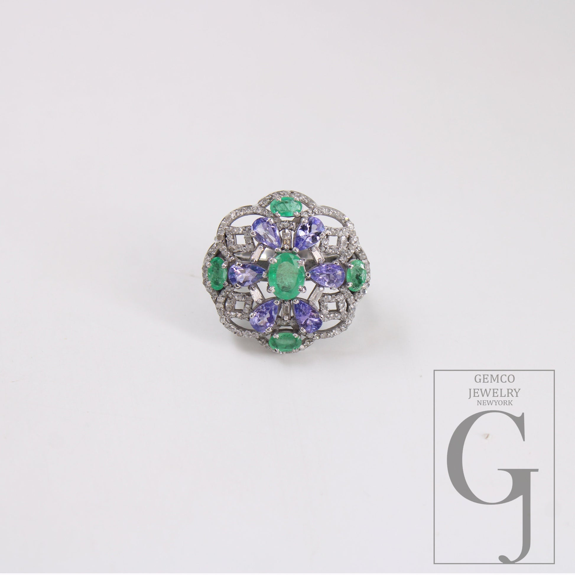 One Of a Kind Designer Emerald, Tanzanite Ring Designer Rosecut Pave Diamond Rings 925 Sterling Silver Handmade Silver Finish Diamond Ring