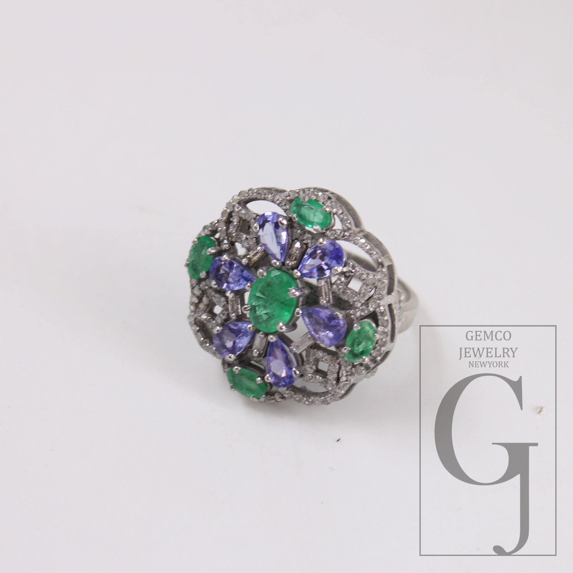 One Of a Kind Designer Emerald, Tanzanite Ring Designer Rosecut Pave Diamond Rings 925 Sterling Silver Handmade Silver Finish Diamond Ring