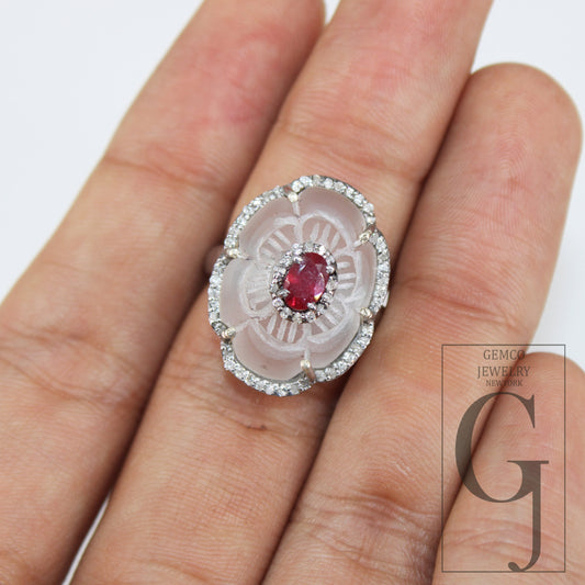 Very beautiful crystal ring ruby ring designer Rosecut pave diamond rings 925 sterling silver handmade silver finish diamond rings