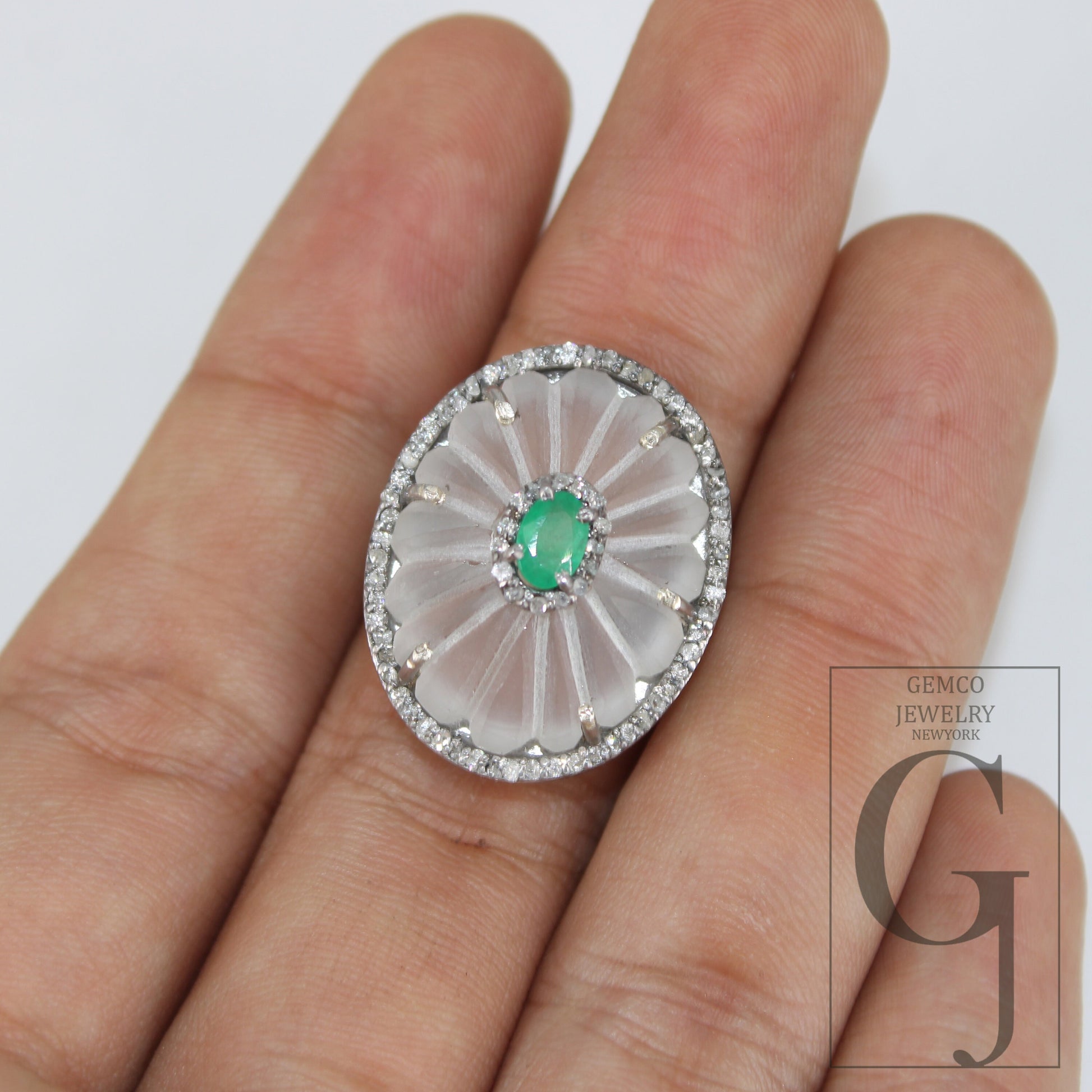 Beautiful Crystal Ring Green Emerald Ring Designer Rosecut Pave Diamond Rings 925 Sterling Silver Handmade Silver Finish Diamond Rings