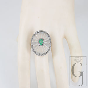 Beautiful Crystal Ring Green Emerald Ring Designer Rosecut Pave Diamond Rings 925 Sterling Silver Handmade Silver Finish Diamond Rings