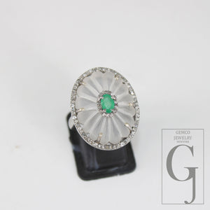 Beautiful Crystal Ring Green Emerald Ring Designer Rosecut Pave Diamond Rings 925 Sterling Silver Handmade Silver Finish Diamond Rings