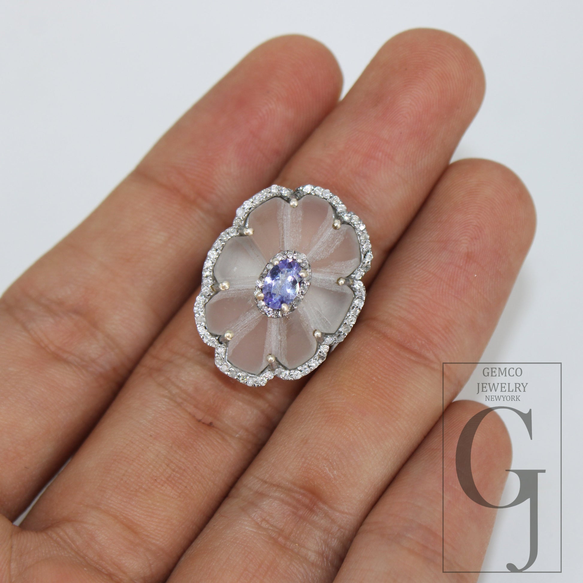 Beautiful crystal ring tanzanite ring designer Rosecut pave diamond rings 925 sterling silver handmade silver finish diamond rings