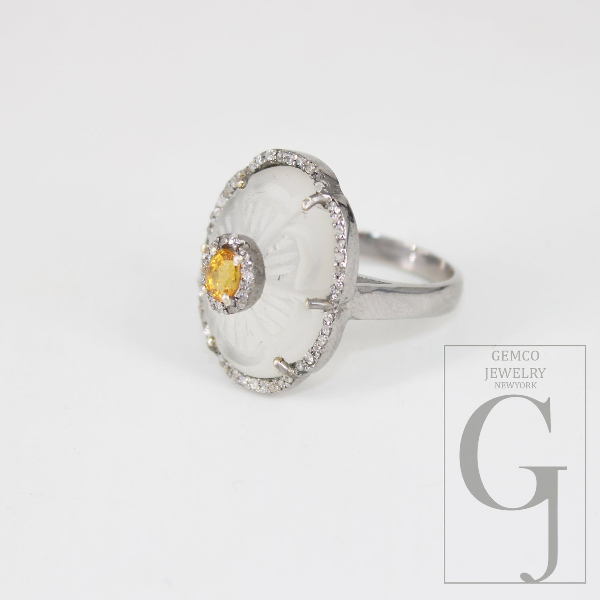 Beautiful Crystal Ring Yellow Sapphire Ring Designer Rosecut Pave Diamond Rings 925 Sterling Silver Handmade Silver Finish Diamond Rings