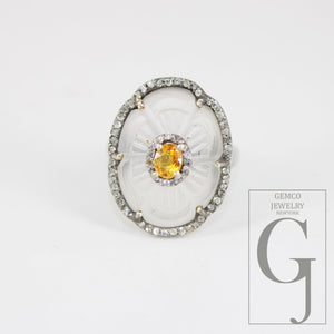 Beautiful Crystal Ring Yellow Sapphire Ring Designer Rosecut Pave Diamond Rings 925 Sterling Silver Handmade Silver Finish Diamond Rings