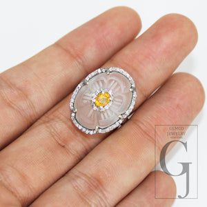 Beautiful Crystal Ring Yellow Sapphire Ring Designer Rosecut Pave Diamond Rings 925 Sterling Silver Handmade Silver Finish Diamond Rings