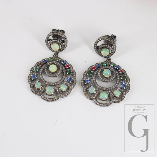 Ethopian Opal Designer Vintage Look Earring Rosecut Pave Diamonds Natural Stone Opal And Mix Stone Designer Antique Sterling Silver Earrings