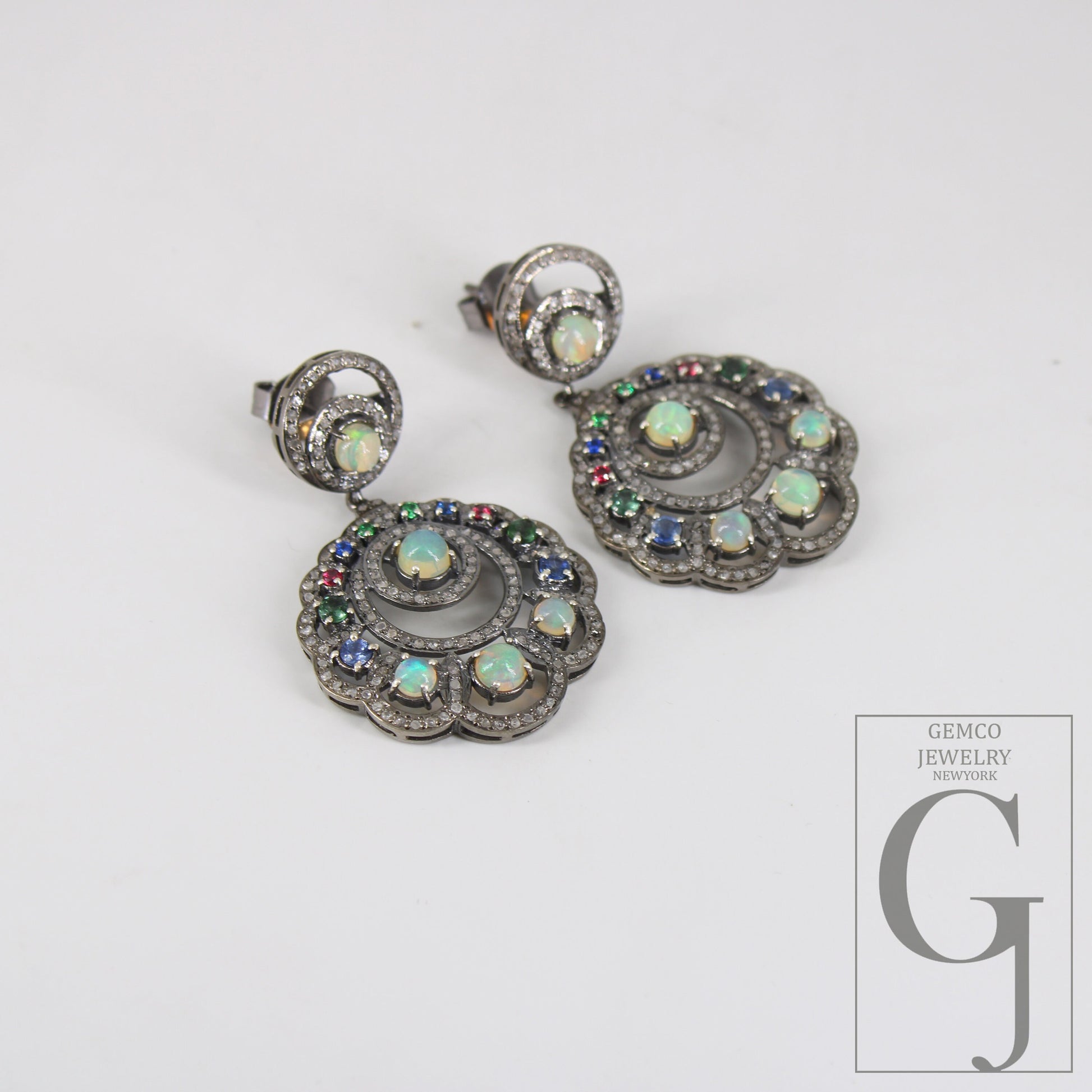 Ethopian Opal Designer Vintage Look Earring Rosecut Pave Diamonds Natural Stone Opal And Mix Stone Designer Antique Sterling Silver Earrings