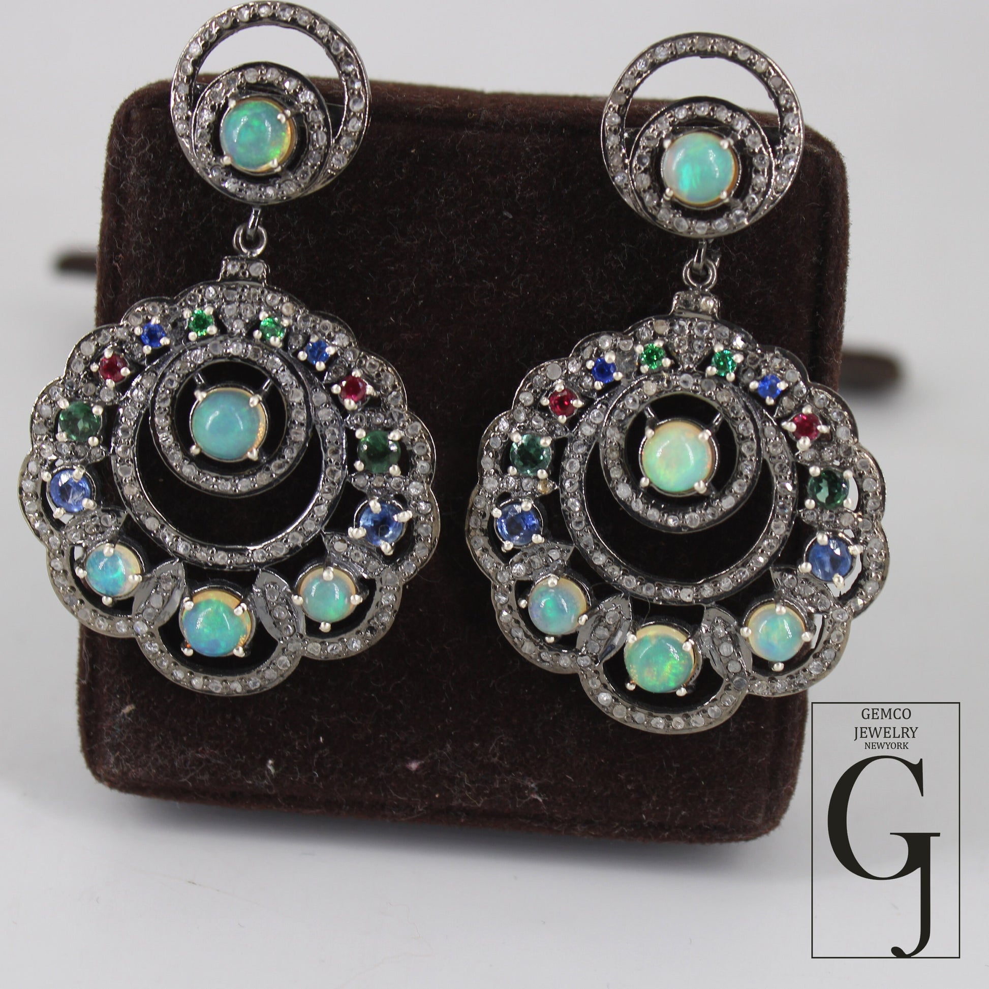 Ethopian Opal Designer Vintage Look Earring Rosecut Pave Diamonds Natural Stone Opal And Mix Stone Designer Antique Sterling Silver Earrings